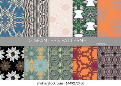 Collection of seamless patterns. Abstract design elements in set. Colored decorative repainting background with tribal and ethnic motifs 