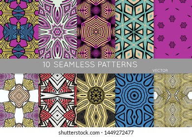 Collection of seamless patterns. Abstract design elements in set. Colored decorative repainting background with tribal and ethnic motifs 