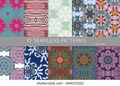 Collection of seamless patterns. Abstract design elements in set. Colored decorative repainting background with tribal and ethnic motifs 