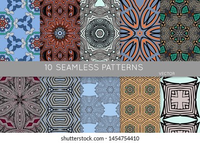 Collection of seamless patterns. Abstract design elements in set. Colored decorative repainting background with tribal and ethnic motifs 