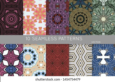 Collection of seamless patterns. Abstract design elements in set. Colored decorative repainting background with tribal and ethnic motifs 