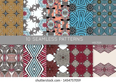 Collection of seamless patterns. Abstract design elements in set. Colored decorative repainting background with tribal and ethnic motifs 