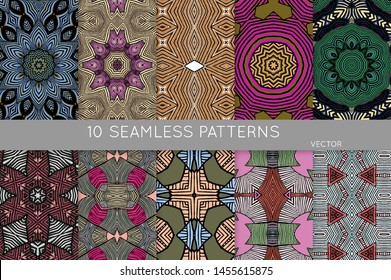 Collection of seamless patterns. Abstract design elements in set. Colored decorative repainting background with tribal and ethnic motifs 