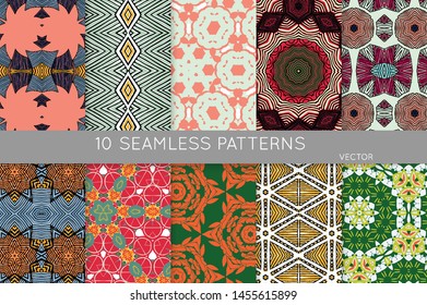 Collection of seamless patterns. Abstract design elements in set. Colored decorative repainting background with tribal and ethnic motifs 