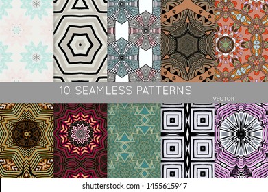 Collection of seamless patterns. Abstract design elements in set. Colored decorative repainting background with tribal and ethnic motifs 
