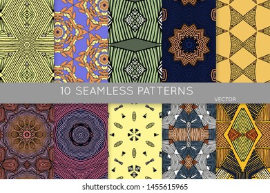 Collection of seamless patterns. Abstract design elements in set. Colored decorative repainting background with tribal and ethnic motifs 