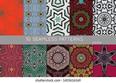 Collection of seamless patterns. Abstract design elements in set. Colored decorative repainting background with tribal and ethnic motifs 