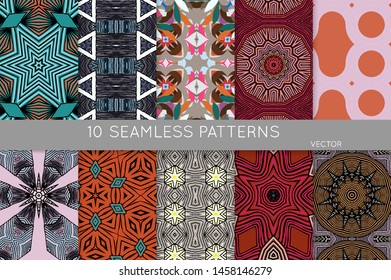 Collection of seamless patterns. Abstract design elements in set. Colored decorative repainting background with tribal and ethnic motifs 