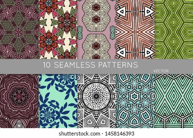 Collection of seamless patterns. Abstract design elements in set. Colored decorative repainting background with tribal and ethnic motifs 