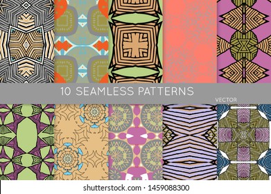 Collection of seamless patterns. Abstract design elements in set. Colored decorative repainting background with tribal and ethnic motifs 