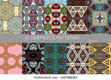 Collection of seamless patterns. Abstract design elements in set. Colored decorative repainting background with tribal and ethnic motifs 