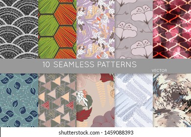 Collection of seamless patterns. Abstract design elements in set. Doodles with crayon and grunge texture roughly hand drawn.