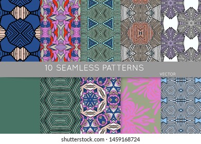 Collection of seamless patterns. Abstract design elements in set. Colored decorative repainting background with tribal and ethnic motifs 