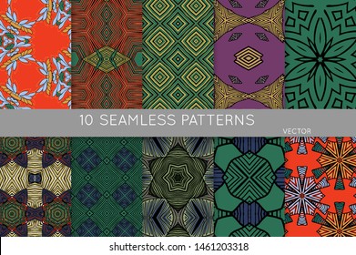 Collection of seamless patterns. Abstract design elements in set. Colored decorative repainting background with tribal and ethnic motifs 