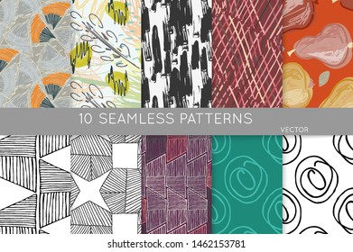 Collection of seamless patterns. Abstract design elements in set. Doodles with crayon and grunge texture roughly hand drawn.