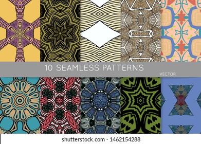 Collection of seamless patterns. Abstract design elements in set. Colored decorative repainting background with tribal and ethnic motifs 