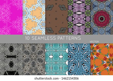Collection of seamless patterns. Abstract design elements in set. Colored decorative repainting background with tribal and ethnic motifs 