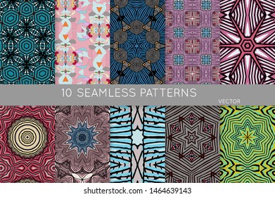 Collection of seamless patterns. Abstract design elements in set. Colored decorative repainting background with tribal and ethnic motifs 
