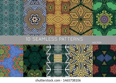 Collection of seamless patterns. Abstract design elements in set. Colored decorative repainting background with tribal and ethnic motifs 