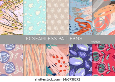 Collection of seamless patterns. Abstract design elements in set. Doodles with crayon and grunge texture roughly hand drawn.