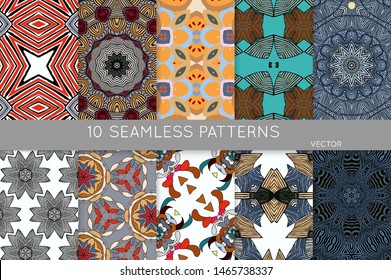 Collection of seamless patterns. Abstract design elements in set. Colored decorative repainting background with tribal and ethnic motifs 