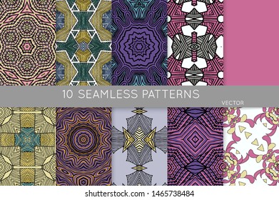 Collection of seamless patterns. Abstract design elements in set. Colored decorative repainting background with tribal and ethnic motifs 