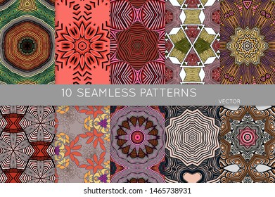 Collection of seamless patterns. Abstract design elements in set. Colored decorative repainting background with tribal and ethnic motifs 