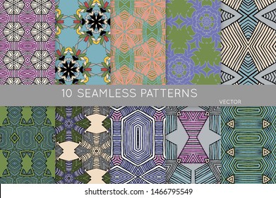Collection of seamless patterns. Abstract design elements in set. Colored decorative repainting background with tribal and ethnic motifs 