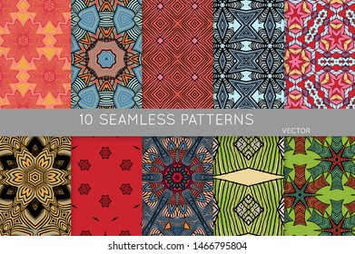 Collection of seamless patterns. Abstract design elements in set. Colored decorative repainting background with tribal and ethnic motifs 
