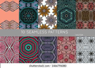 Collection of seamless patterns. Abstract design elements in set. Colored decorative repainting background with tribal and ethnic motifs 