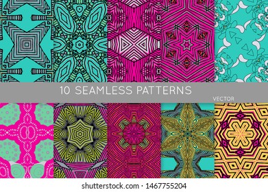 Collection of seamless patterns. Abstract design elements in set. Colored decorative repainting background with tribal and ethnic motifs 