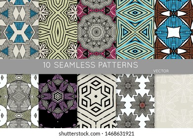Collection of seamless patterns. Abstract design elements in set. Colored decorative repainting background with tribal and ethnic motifs 