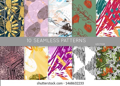 Collection of seamless patterns. Abstract design elements in set. Doodles with crayon and grunge texture roughly hand drawn.