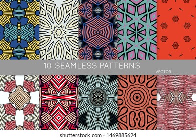 Collection of seamless patterns. Abstract design elements in set. Colored decorative repainting background with tribal and ethnic motifs 