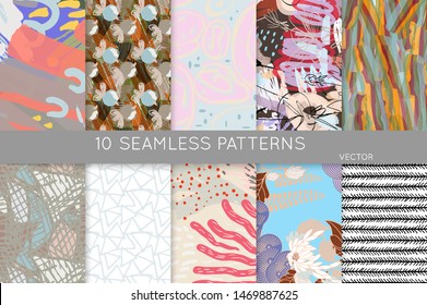 Collection of seamless patterns. Abstract design elements in set. Doodles with crayon and grunge texture roughly hand drawn.