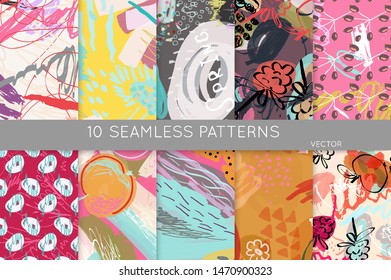 Collection of seamless patterns. Abstract design elements in set. Doodles with crayon and grunge texture roughly hand drawn.