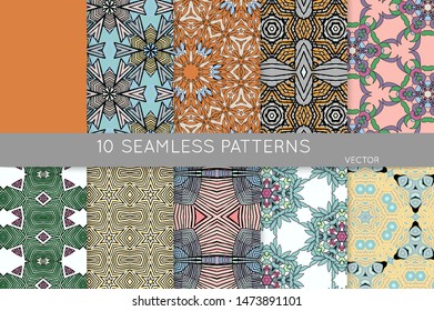 Collection of seamless patterns. Abstract design elements in set. Colored decorative repainting background with tribal and ethnic motifs 