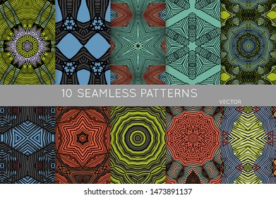 Collection of seamless patterns. Abstract design elements in set. Colored decorative repainting background with tribal and ethnic motifs 