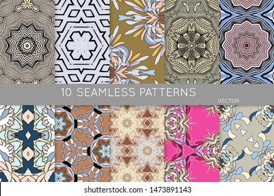 Collection of seamless patterns. Abstract design elements in set. Colored decorative repainting background with tribal and ethnic motifs 