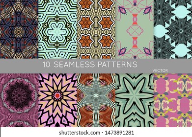Collection of seamless patterns. Abstract design elements in set. Colored decorative repainting background with tribal and ethnic motifs 