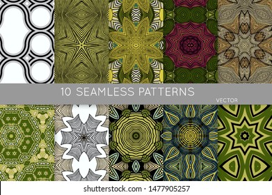 Collection of seamless patterns. Abstract design elements in set. Colored decorative repainting background with tribal and ethnic motifs 