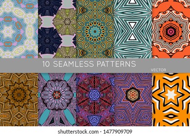 Collection of seamless patterns. Abstract design elements in set. Colored decorative repainting background with tribal and ethnic motifs 