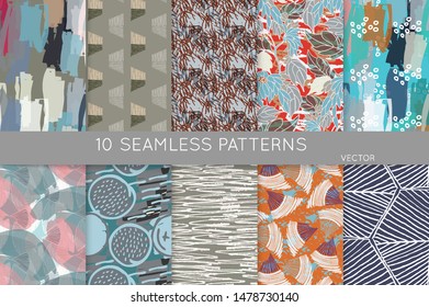 Collection of seamless patterns. Abstract design elements in set. Doodles with crayon and grunge texture roughly hand drawn.