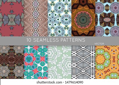 Collection of seamless patterns. Abstract design elements in set. Colored decorative repainting background with tribal and ethnic motifs 