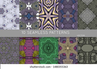 Collection of seamless patterns. Abstract design elements in set. Colored decorative repainting background with tribal and ethnic motifs 