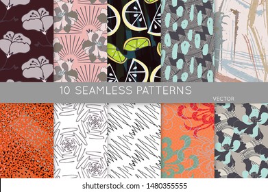 Collection of seamless patterns. Abstract design elements in set. Doodles with crayon and grunge texture roughly hand drawn.