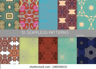 Collection of seamless patterns. Abstract design elements in set. Colored decorative repainting background with tribal and ethnic motifs 