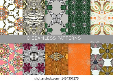 Collection of seamless patterns. Abstract design elements in set. Colored decorative repainting background with tribal and ethnic motifs 