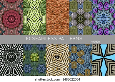 Collection of seamless patterns. Abstract design elements in set. Colored decorative repainting background with tribal and ethnic motifs 