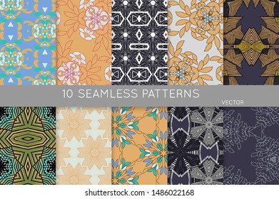 Collection of seamless patterns. Abstract design elements in set. Colored decorative repainting background with tribal and ethnic motifs 